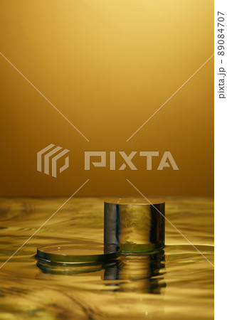 Front view of transparent podium in brown water background Front view of transparent podium in brown water background 89084707
