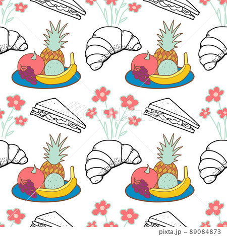 Seamless pattern color and contour drawings of picnic elements 89084873
