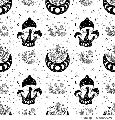 Celestial mushroom pattern. Mystical boho mushrooms seamless background. Celestial moon phase graphic print 89085529