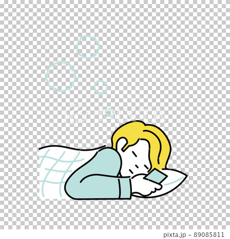 Illustration of a man playing with a smartphone in bed 89085811