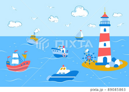 Cute ship and cruiser in ocean landscape. Cartoon sailboat trip and lighthouse. Horizontal childish background, nowaday sea adventures vector banner 89085863
