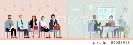 Job interview in office. Young man and interviewer, corporate recruitment. Business people waiting line, employees or candidate queue, decent vector scene 89085918