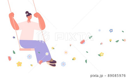 Spring vibes. Girl on swing in flowers flow. Summer vacation, happiness and positive mood. Woman dreams, floral good fantasy vector scene 89085976
