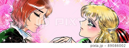 70年代少女漫画イケメン王子と見つめ合う金髪縦ロールお姫様のイラストと薔薇背景 89086002