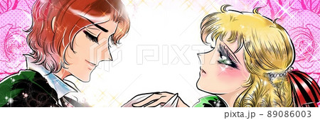 70年代少女漫画イケメン王子と見つめ合う金髪縦ロールお姫様のイラストと薔薇背景 89086003