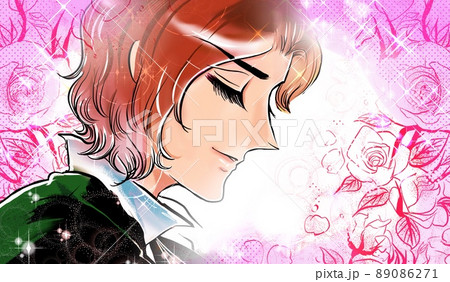 70年代少女漫画お姫様にプロポーズするイケメン王子のイラストと薔薇背景 89086271