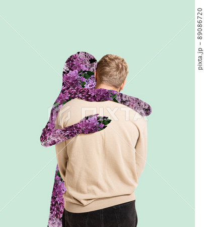 Contemporary art collage. Man hugging silhouette of woman filled with lovely flowers isolated over mint background Contemporary art collage. Man hugging silhouette of woman filled with lovely flowers isolated over mint background 89086720