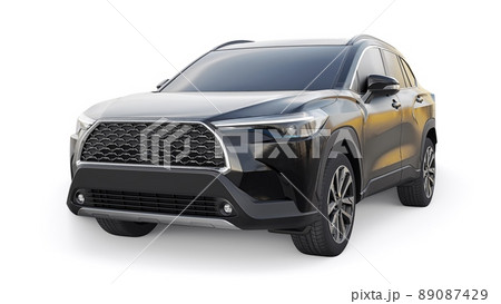 Compact black SUV with a hybrid engine and four-wheel drive for the city and suburban areas on a white isolated background. 3d illustration. 89087429