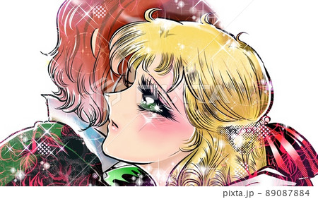 70年代少女漫画イケメン王子に突然抱きしめられる金髪縦ロールお姫様のイラスト 89087884