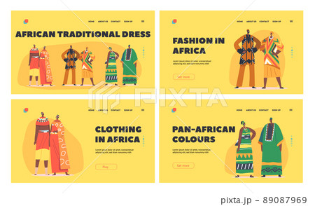 African People Pairs in Traditional Clothes Landing Page Template Set. Male and Female Characters in Colorful Costumes 89087969