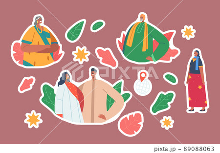 Set of Stickers Indian People Wear Traditional Clothes Isolated Patches. Male and Female Characters Wear Sari or Kurt 89088063
