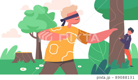 Little Boy with Blindfold Trying to Catch Friend Hiding behind of Tree in Park or Forest. Summer Active Games for Kids 89088131