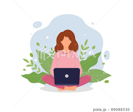 Woman with a laptop working at public park 89088330