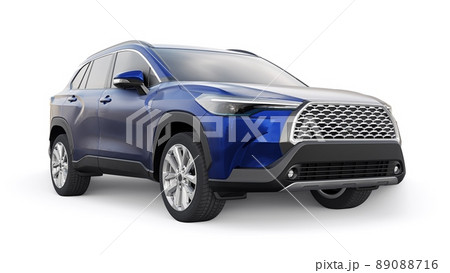 Compact dark blue SUV with a hybrid engine and four-wheel drive for the city and suburban areas on a white isolated background. 3d illustration. 89088716
