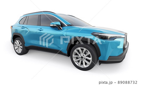 Compact blue SUV with a hybrid engine and four-wheel drive for the city and suburban areas on a white isolated background. 3d illustration. 89088732
