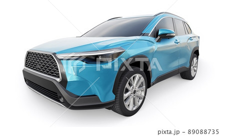 Compact blue SUV with a hybrid engine and four-wheel drive for the city and suburban areas on a white isolated background. 3d illustration. 89088735