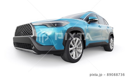 Compact blue SUV with a hybrid engine and four-wheel drive for the city and suburban areas on a white isolated background. 3d illustration. 89088736