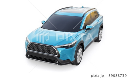 Compact blue SUV with a hybrid engine and four-wheel drive for the city and suburban areas on a white isolated background. 3d illustration. 89088739