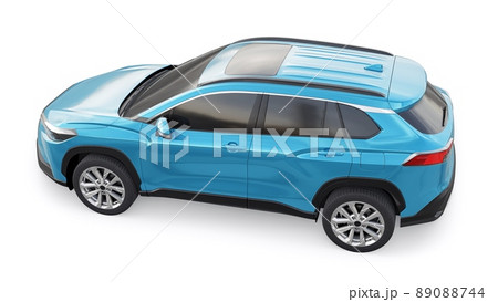 Compact blue SUV with a hybrid engine and four-wheel drive for the city and suburban areas on a white isolated background. 3d illustration. 89088744