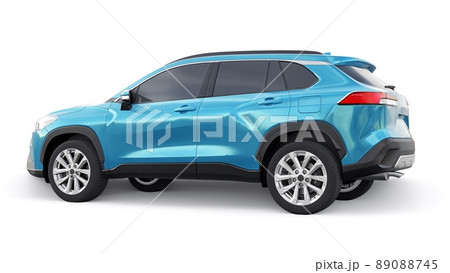 Compact blue SUV with a hybrid engine and four-wheel drive for the city and suburban areas on a white isolated background. 3d illustration. Compact blue SUV with a hybrid engine and four-wheel drive for the city and suburban areas on a white isolated background. 3d illustration. 89088745