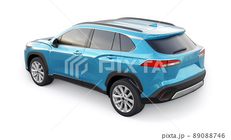 Compact blue SUV with a hybrid engine and four-wheel drive for the city and suburban areas on a white isolated background. 3d illustration. Compact blue SUV with a hybrid engine and four-wheel drive for the city and suburban areas on a white isolated background. 3d illustration. 89088746