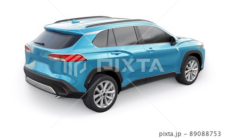 Compact blue SUV with a hybrid engine and four-wheel drive for the city and suburban areas on a white isolated background. 3d illustration. 89088753