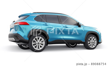Compact blue SUV with a hybrid engine and four-wheel drive for the city and suburban areas on a white isolated background. 3d illustration. Compact blue SUV with a hybrid engine and four-wheel drive for the city and suburban areas on a white isolated background. 3d illustration. 89088754