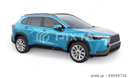 Compact blue SUV with a hybrid engine and four-wheel drive for the city and suburban areas on a white isolated background. 3d illustration. Compact blue SUV with a hybrid engine and four-wheel drive for the city and suburban areas on a white isolated background. 3d illustration. 89088756