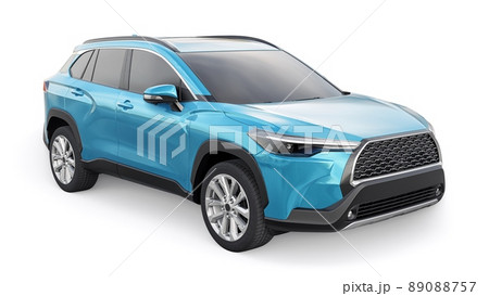 Compact blue SUV with a hybrid engine and four-wheel drive for the city and suburban areas on a white isolated background. 3d illustration. 89088757
