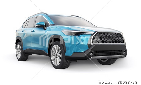 Compact blue SUV with a hybrid engine and four-wheel drive for the city and suburban areas on a white isolated background. 3d illustration. 89088758