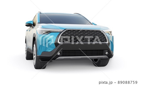 Compact blue SUV with a hybrid engine and four-wheel drive for the city and suburban areas on a white isolated background. 3d illustration. 89088759