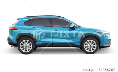 Compact blue SUV with a hybrid engine and four-wheel drive for the city and suburban areas on a white isolated background. 3d illustration. Compact blue SUV with a hybrid engine and four-wheel drive for the city and suburban areas on a white isolated background. 3d illustration. 89088767