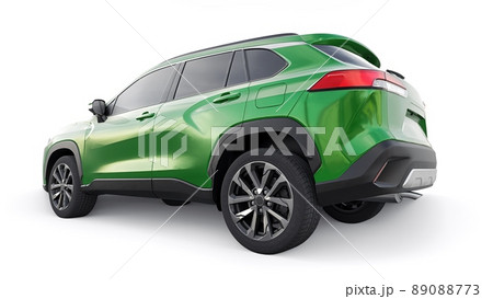 Compact green SUV with a hybrid engine and four-wheel drive for the city and suburban areas on a white isolated background. 3d illustration. 89088773