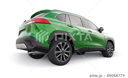 Compact green SUV with a hybrid engine and four-wheel drive for the city and suburban areas on a white isolated background. 3d illustration. 89088774