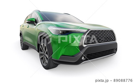 Compact green SUV with a hybrid engine and four-wheel drive for the city and suburban areas on a white isolated background. 3d illustration. Compact green SUV with a hybrid engine and four-wheel drive for the city and suburban areas on a white isolated background. 3d illustration. 89088776