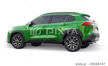 Compact green SUV with a hybrid engine and four-wheel drive for the city and suburban areas on a white isolated background. 3d illustration. 89088787