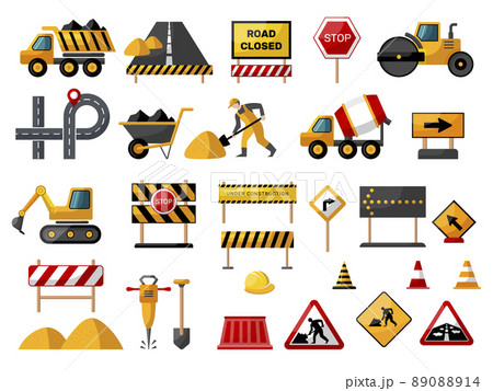 Road constructing. Professional tools for repair street roads instruments for workers recent vector colored icons set 89088914