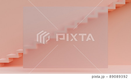 A creative 3D background with a staircase in the background to place your information on the translucent frosted glass panel on the left. 3d illustration 89089392