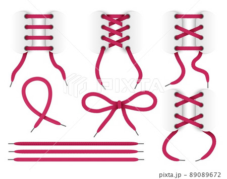 Realistic shoelace. Different lacing ways. Realistic boots ropes. Separate ribbons and bows with grommets. Isolated 3d strings. Cross or parallel variants. Vector footwear red cords set 89089672