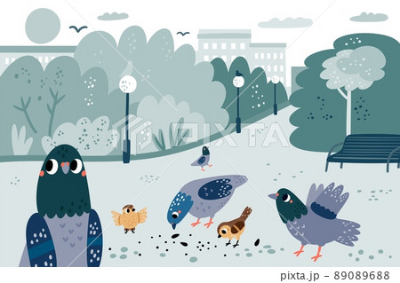 Pigeons in park. Cute street doves and sparrows pecking grain. City birds eating seeds. Urban bench, lanterns and trees. Feed feathered flying animals. Town parkland fauna. Vector concept 89089688