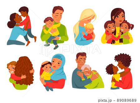 Parents hugging kids. People with their children. Moms or dads with babies. Boys or girls embrace mothers and fathers. Family relationship. Vector set of persons holding daughters or sons 89089689