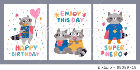 Funny raccoon cards. Little cute animals. Birthday banners. Furry wild creatures. Superhero costumes and holiday gifts. Cartoon characters couple with cup and donut. Vector postcards set 89089719