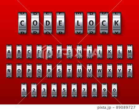 Combination lock font. Padlock safe coding numbers or letters. Realistic spinning alphabet. Metallic wheels. Key variation. Access password. Privacy safety. Vector 3D rotating elements set 89089727