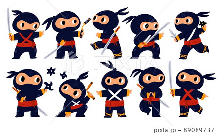 Cartoon ninja. Little funny Japanese warrior with different weapon types. Guy in black cloth and red bandage. Cute character fights with katana or shurikens. Vector Asian assassins set Cartoon ninja. Little funny Japanese warrior with different weapon types. Guy in black cloth and red bandage. Cute character fights with katana or shurikens. Vector Asian assassins set 89089737