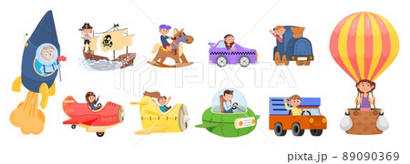Cartoon kids in transport. Child airplane, children and vehicles and boat. Funny kid in truck and hot air balloon. Boy in rocket decent vector set 89090369
