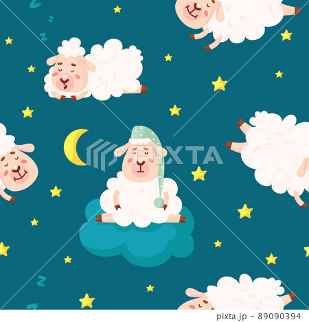 White baby sheep. Cartoon sheeps seamless pattern, children sweet lambs fabric print. Funny childish graphic, decorative wool animal classy vector background White baby sheep. Cartoon sheeps seamless pattern, children sweet lambs fabric print. Funny childish graphic, decorative wool animal classy vector background 89090394