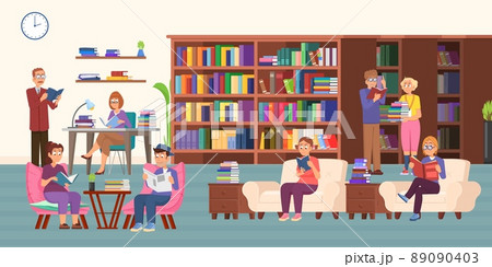 Student in library. Teenager study and people reading books. Cartoon man woman holding books, community in coworking area or classroom. Bookstore decent vector scene 89090403