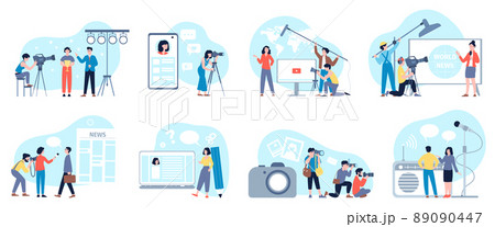 News media bloggers writing posts, doing news with smartphones and cameras. Flat cartoon journalists, reporters, tv show interview, recent vector scenes 89090447