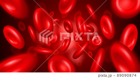 Realistic streaming blood cells. Macro vessel with 3D red particles. Abstract erythrocytes background. Enlarged artery flow. Circulatory system. Microscopic molecules. Vector concept 89090874