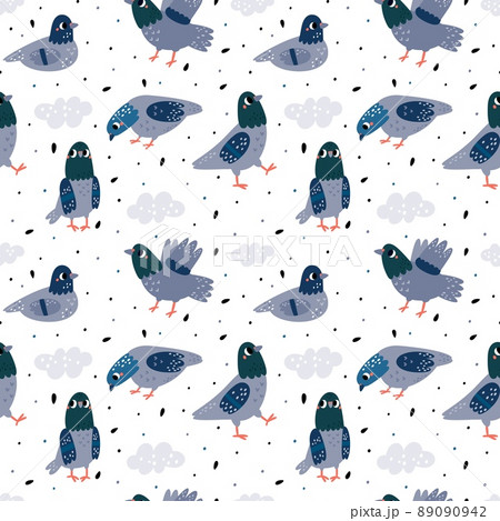 Pigeons seamless pattern. Cute print with doves pecking seeds. Street grey birds in different poses and angles. Urban inhabitants. Avian flock. Animals eating grains. Vector background Pigeons seamless pattern. Cute print with doves pecking seeds. Street grey birds in different poses and angles. Urban inhabitants. Avian flock. Animals eating grains. Vector background 89090942